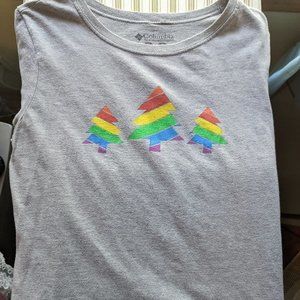 Columbia Diversitree T shirt, Multi-colored trees on front, grey, Size Med